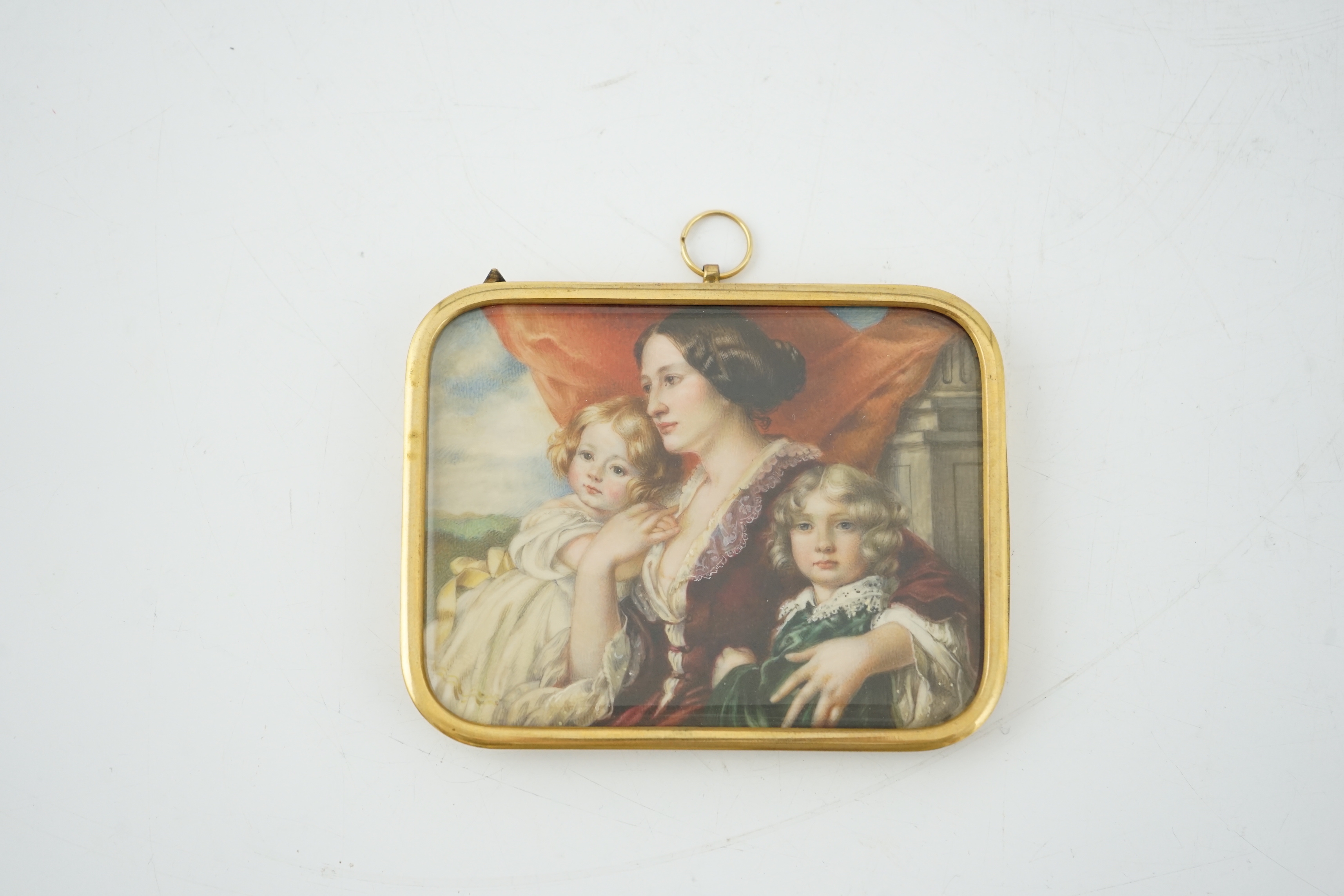 After Franz Xaver Winterhalter (1805-1873), Portrait miniature of Elzibeta Branicka, Countess Krasinka and her children 1853, watercolour on polymin, 7 x 9.3cm.